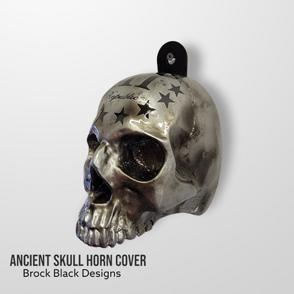3D ancient skull with tattered American flag