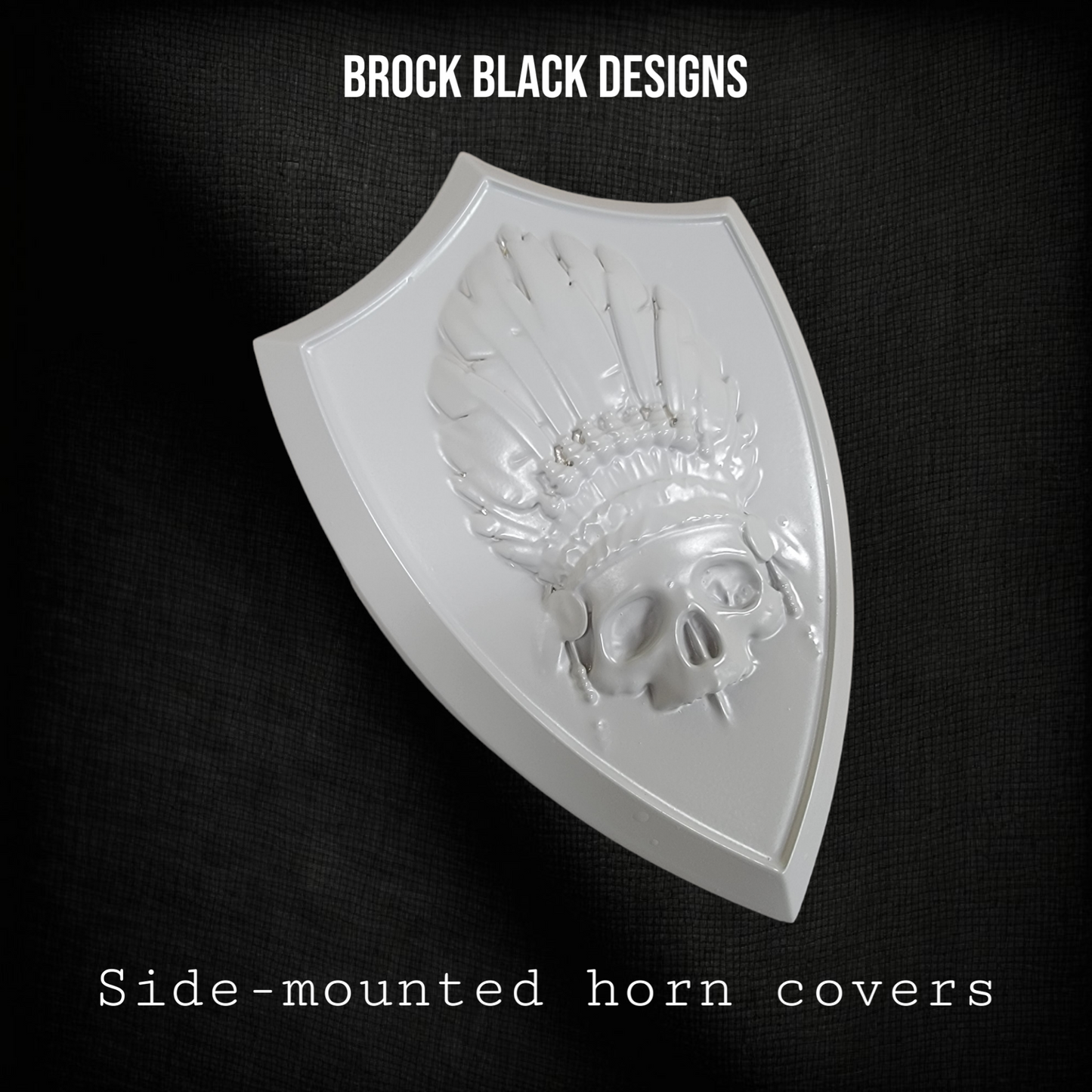 Side-mounted horn covers with skull warbonnet theme