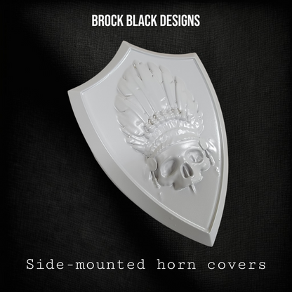 Side-mounted horn covers with skull warbonnet theme