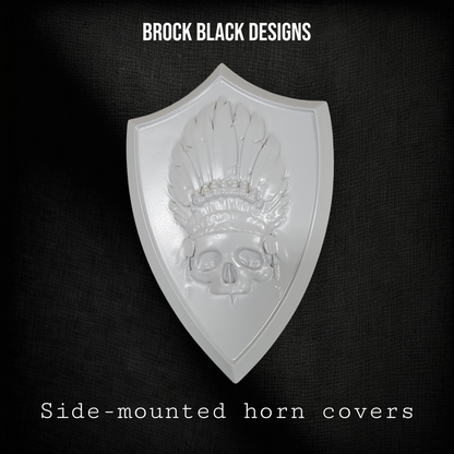 Side-mounted horn covers with skull warbonnet theme