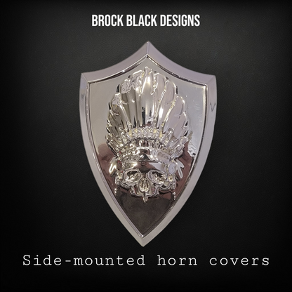 Side-mounted horn covers with skull warbonnet theme