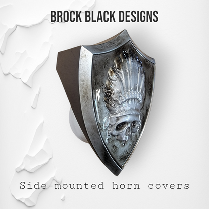 Side-mounted horn covers with skull warbonnet theme