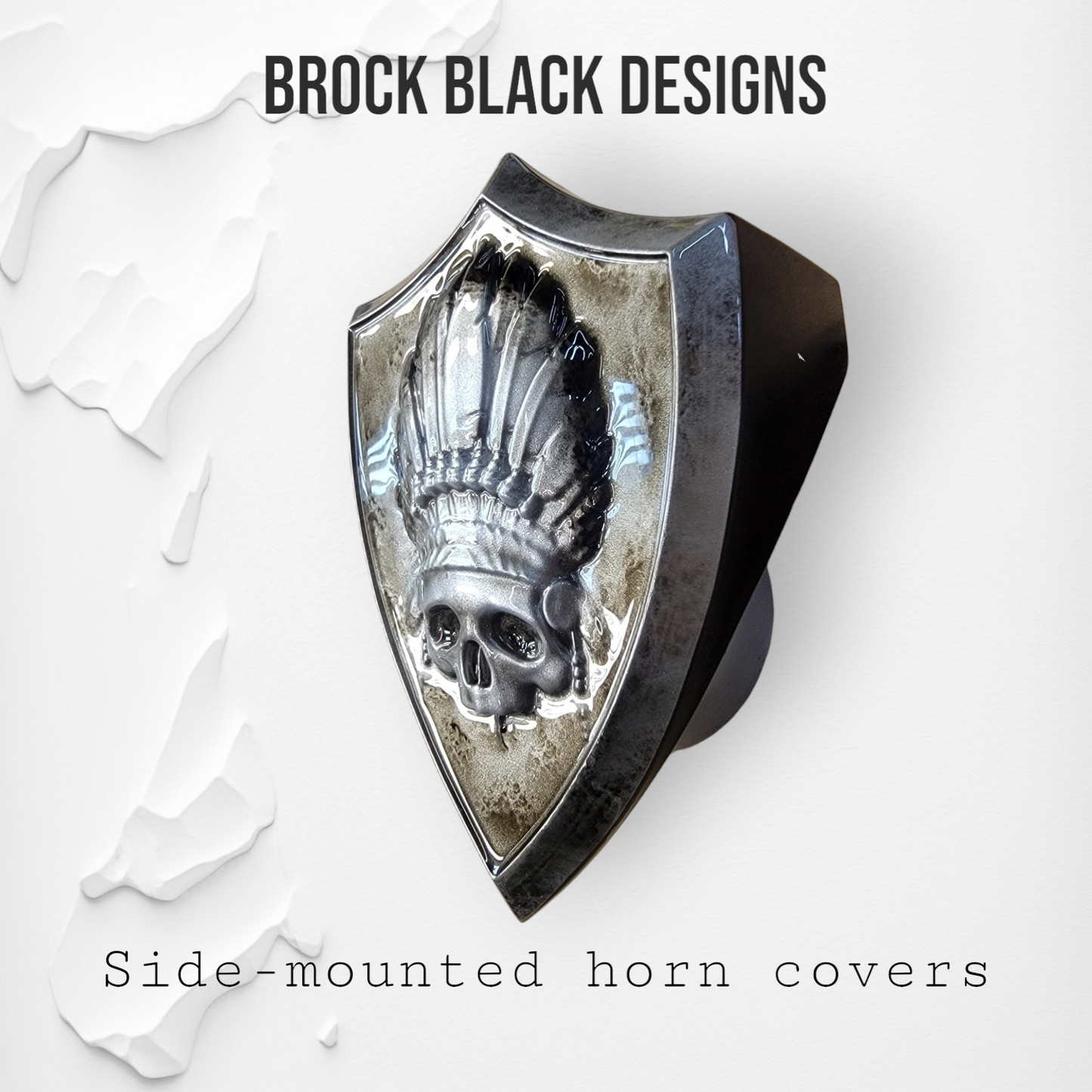 Side-mounted horn covers with skull warbonnet theme