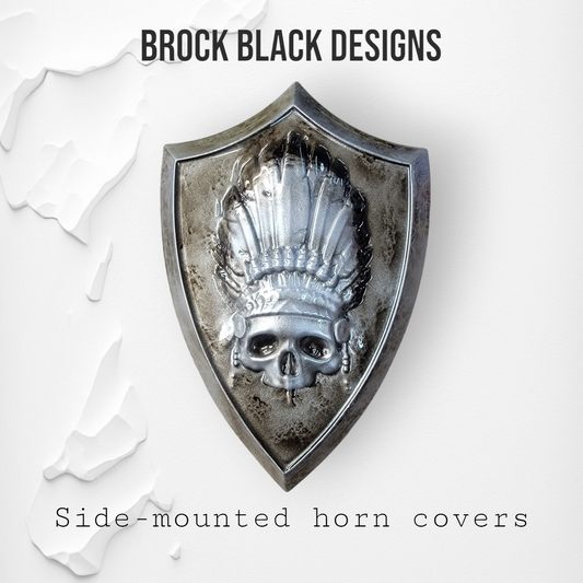 Side-mounted horn covers with skull warbonnet theme