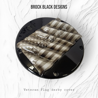 Tattered American Flag with Veteran Harley derby and points cover