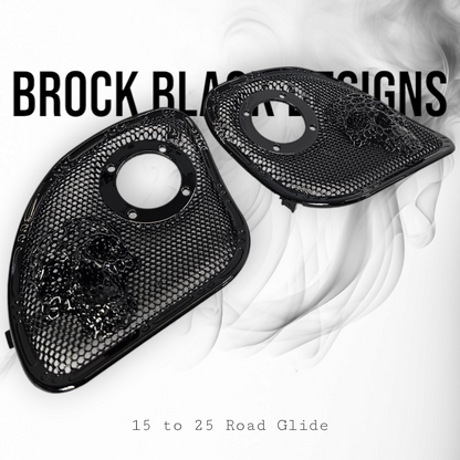 98 to 23 Road Glide webbed skull with Diamond speakers grill covers set