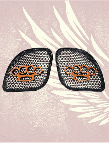 98-2024 Road Glide 3D brass knuckles speakers grill covers set