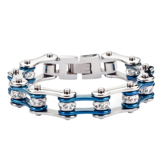 SK1115 Wide Two Tone Silver Candy Blue White Crystal Centers