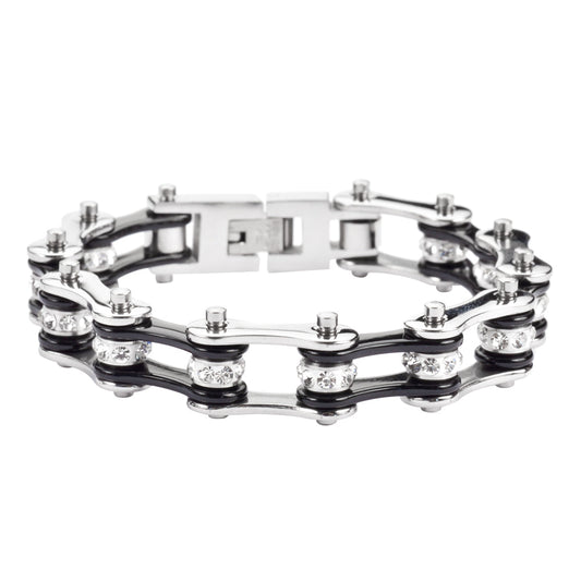 SK1116 Two Tone Silver Black Crystal Centers Stainless Steel
