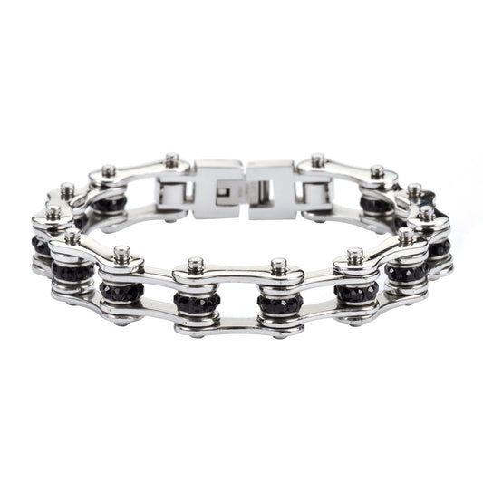 SK1206 Wide All Stainless With Black Crystal Centers