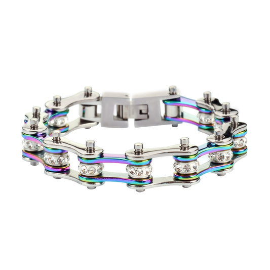 SK1207 Wide Two Tone Silver Rainbow With White Crystal
