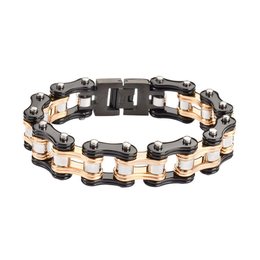 SK1280 Two Tone Black & Gold Double Link Bracelet - 3/4" Wide