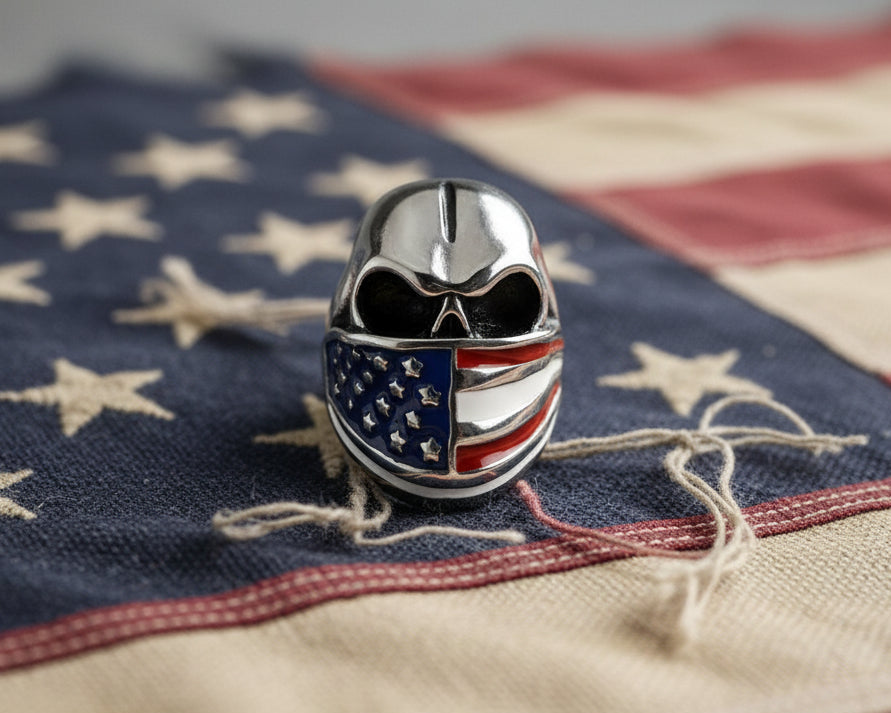 SK2298 Ring Skull American Flag Bandanna Solid Underside Stainless Steel 8-16