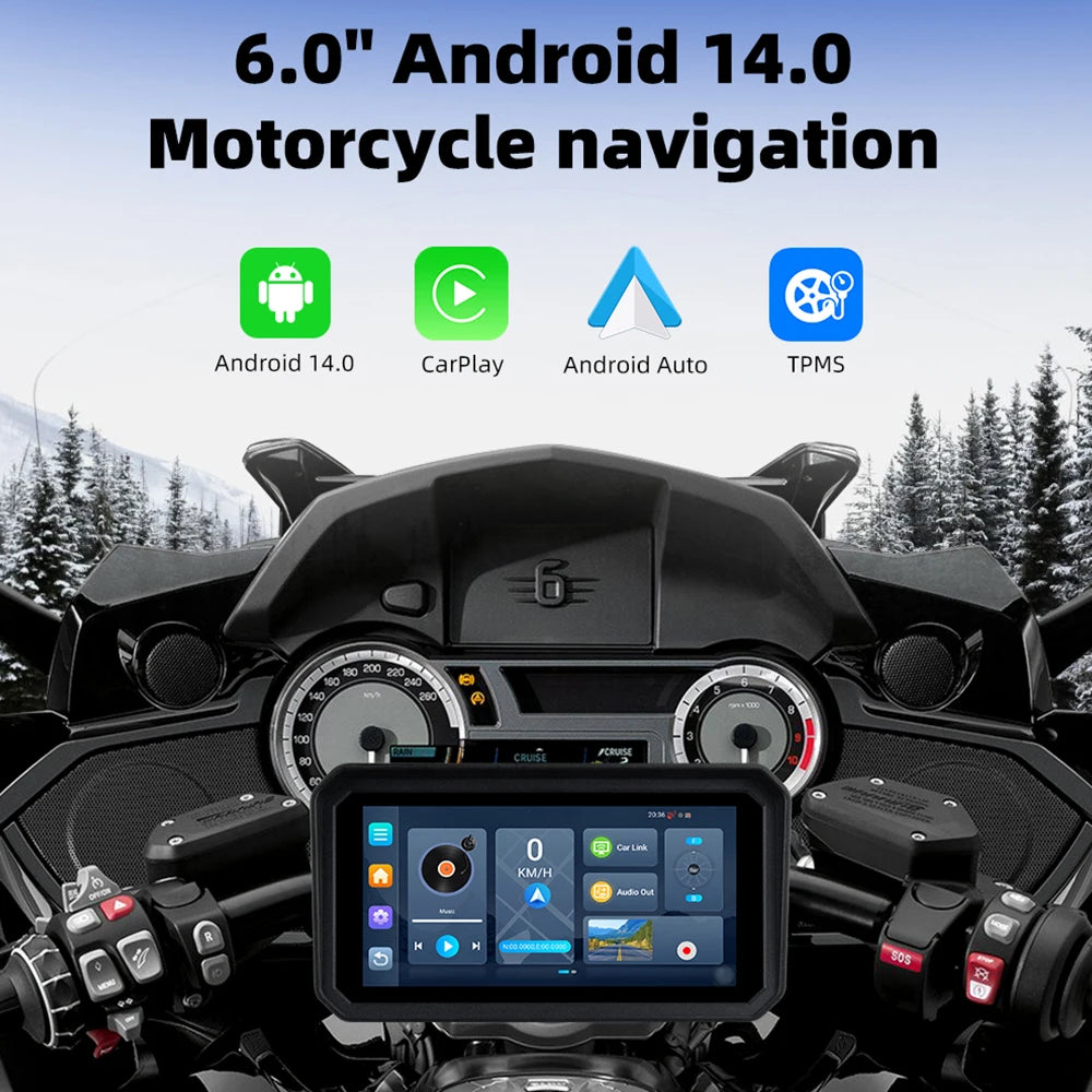 EKIY 6" Android 14.0 GPS Motorcycle Navigation Screen Wireless CarPlay Moto Android Auto Portable Digital Motorcycle Dashboard