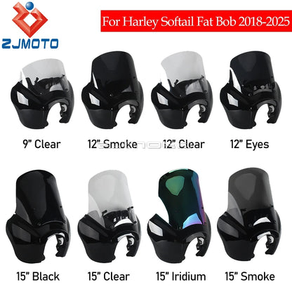 9/12/15 Inch Windshield Fat Bob Front Smoke Headlight Fairing For Motorcycle Club Style For Harley Softail FXFBS 18 19 2020-2025