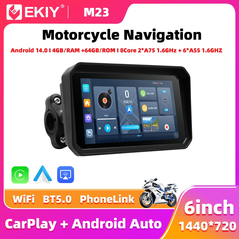 EKIY 6" Android 14.0 GPS Motorcycle Navigation Screen Wireless CarPlay Moto Android Auto Portable Digital Motorcycle Dashboard