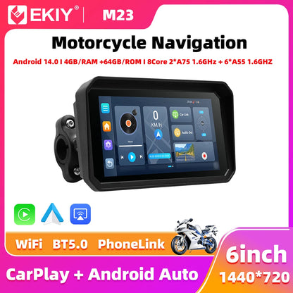 EKIY 6" Android 14.0 GPS Motorcycle Navigation Screen Wireless CarPlay Moto Android Auto Portable Digital Motorcycle Dashboard