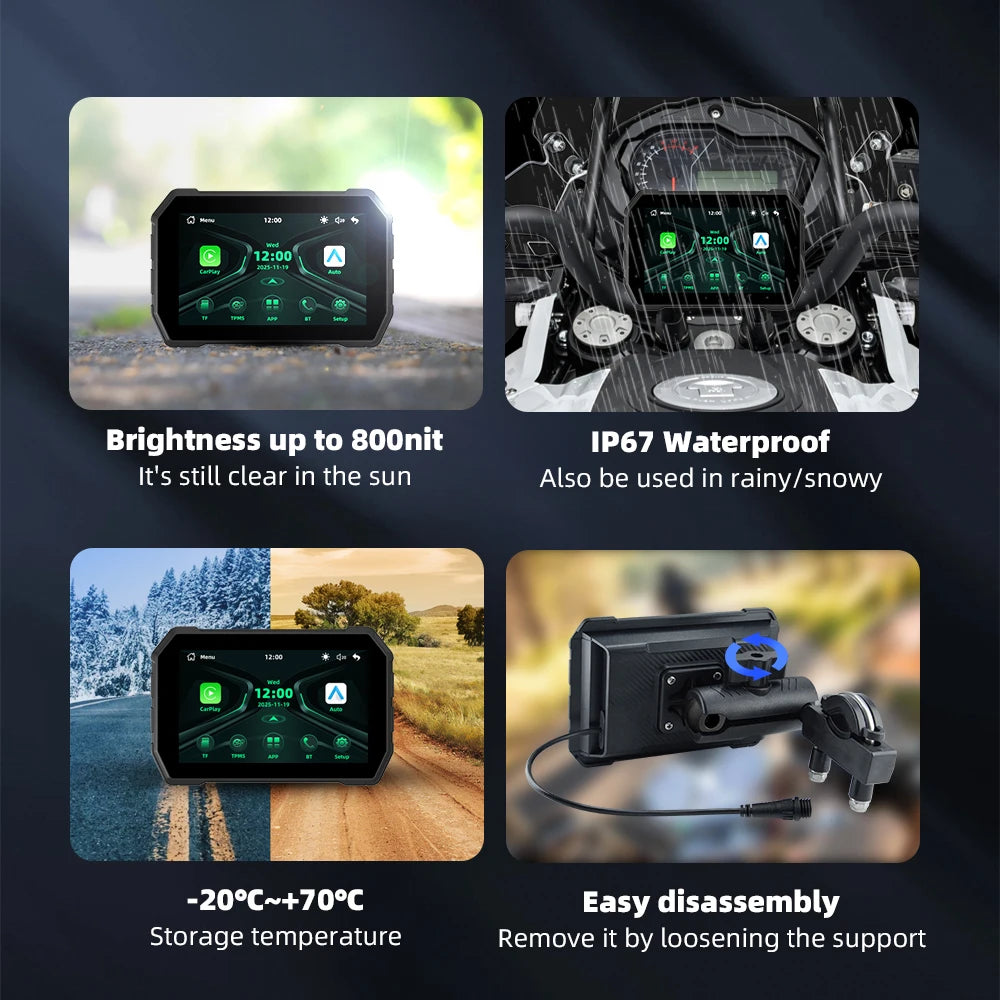 18-language EKIY Linux 5 Inch IP67 Waterproof Screen wifi Bluetooth5.0 Motorcycle Wireless CarPlay Android Auto System with TPMS
