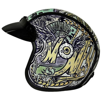 DOT Approved Daytona Cruiser Open Face Motorcycle Helmet - Men, Women & Youth - With Visor & Graphics - W/ Money