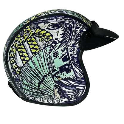 DOT Approved Daytona Cruiser Open Face Motorcycle Helmet - Men, Women & Youth - With Visor & Graphics - W/ Money