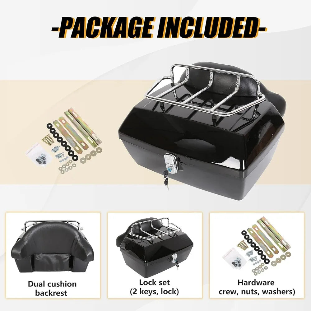 50l motorcycle trunk w/top rack & backrest compatible with harley honda yamaha suzuki cruiser universal motorcycle top case tai