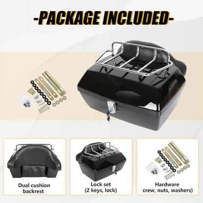 50l motorcycle trunk w/top rack & backrest compatible with harley honda yamaha suzuki cruiser universal motorcycle top case tai