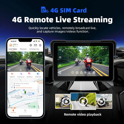 4G Ram+64G Rom Linux EKIY 7Inch Screen Motorcycle Carplay with TPMS/2Ch-DVR/4G Remote Live Streaming/GPS/Parking Monitoring etc.
