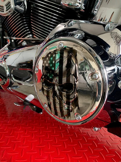 3D skull with tattered American flag Chrome Harley Derby Cover