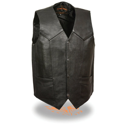 Milwaukee Leather LKM3730 Men's Black Leather Western Style V-Neck Motorcycle Rider Vest with Front Snap Closure