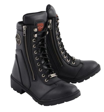 Milwaukee Leather MBL9301 Women's Black Leather Lace-Up Motorcycle Biker Riding Boots with Side Zipper Entry