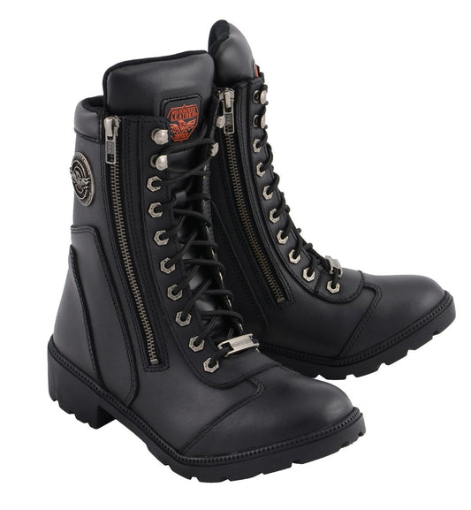 Milwaukee Leather MBL9301 Women's Black Leather Lace-Up Motorcycle Biker Riding Boots with Side Zipper Entry