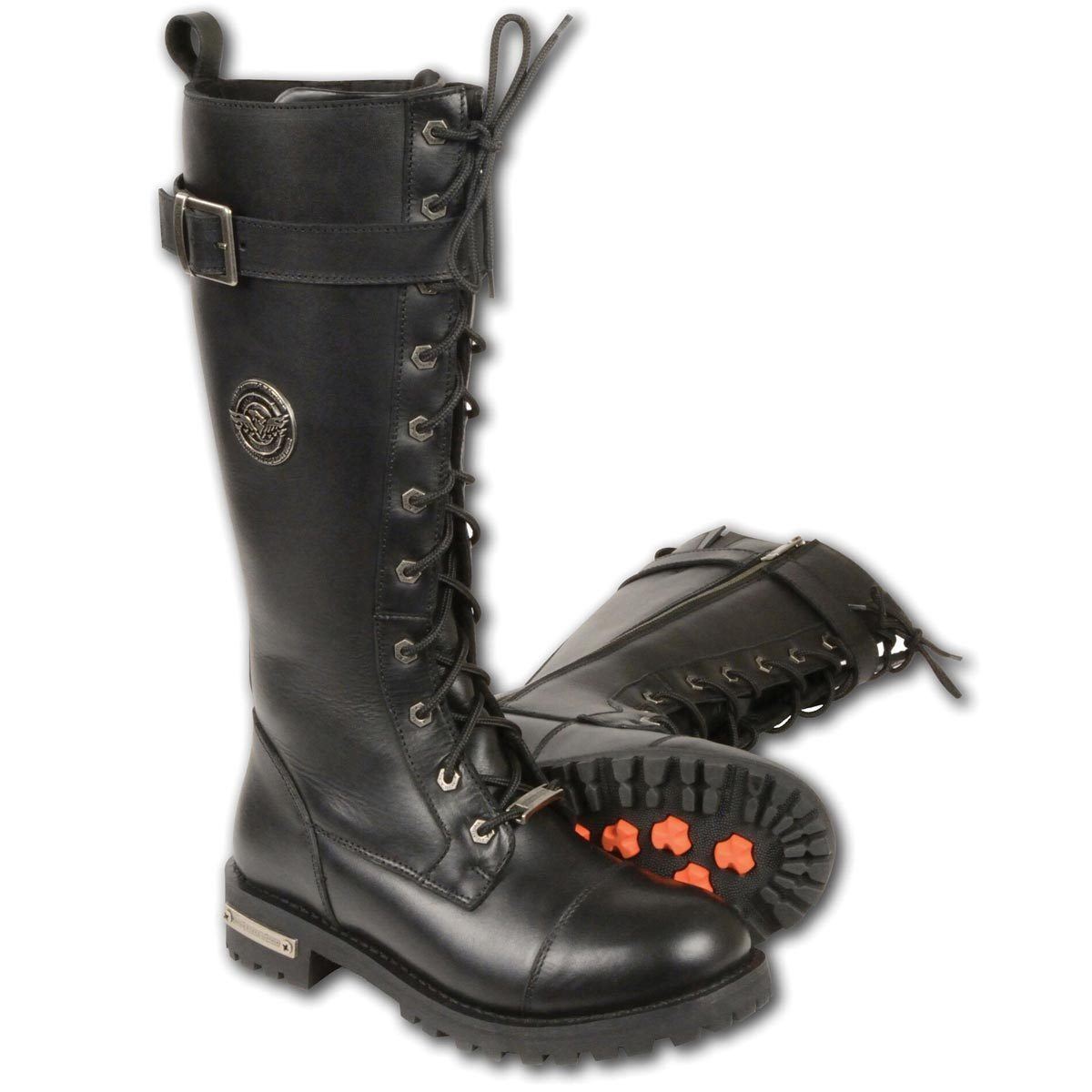 Milwaukee Leather Women's Black 14-inch Lace-Up High-Rise Leather Biker Rider Boots with Calf Buckle MBL9355