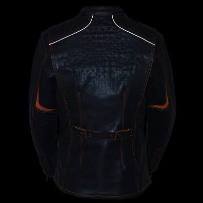 Milwaukee Leather MLL2502 Women's 'Laser Cut' Distressed Black and Orange Scuba Style Racer Jacket