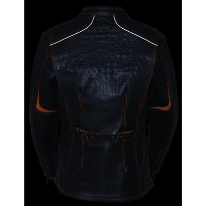 Milwaukee Leather MLL2502 Women's 'Laser Cut' Distressed Black and Orange Scuba Style Racer Jacket