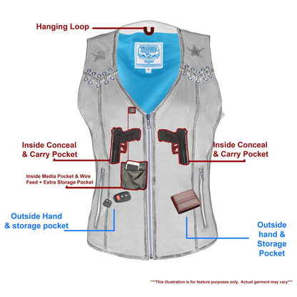 Milwaukee Leather MLL4526 Women's Distress Grey Leather Motorcycle Rider Vest- Stretch Side Panel W/ Lacing Detail