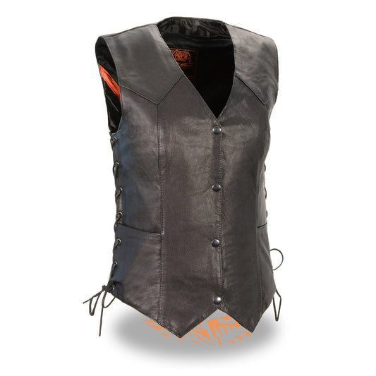 Milwaukee Leather MLL4546 Women's Black Premium Leather Lightweight V-Neck Motorcycle Rider Vest w/ Side Laces