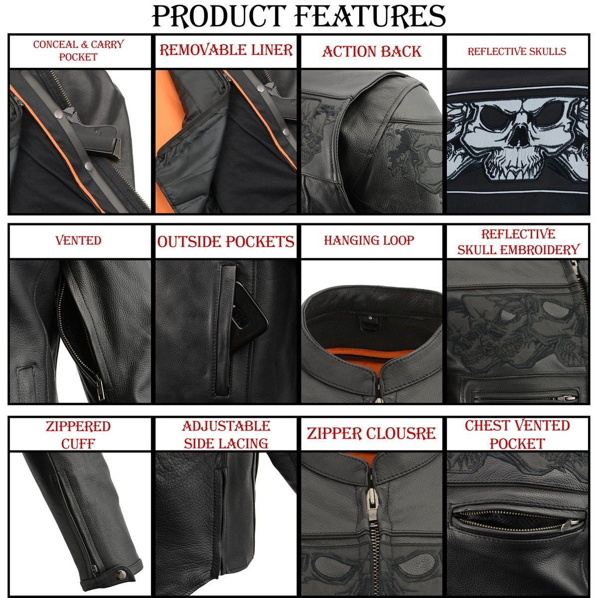 Milwaukee Leather MLM1501 Men's Reflective Skulls Premium Black Leather Motorcycle Jacket w/ Cool-Tec Treatement