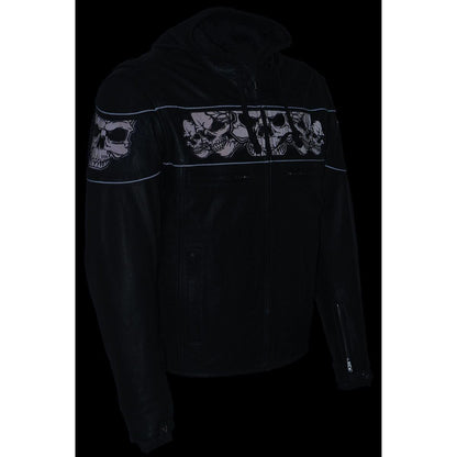 Milwaukee Leather MLM1563 Men's Black Leather Scooter Style Motorcycle Jacket with Reflective Skulls w/ Hoodie