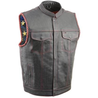 Milwaukee Leather MLM3506 Men's Black Premium Leather Vest - Old Glory Laced Armholes Red Stitching Club Style Vest