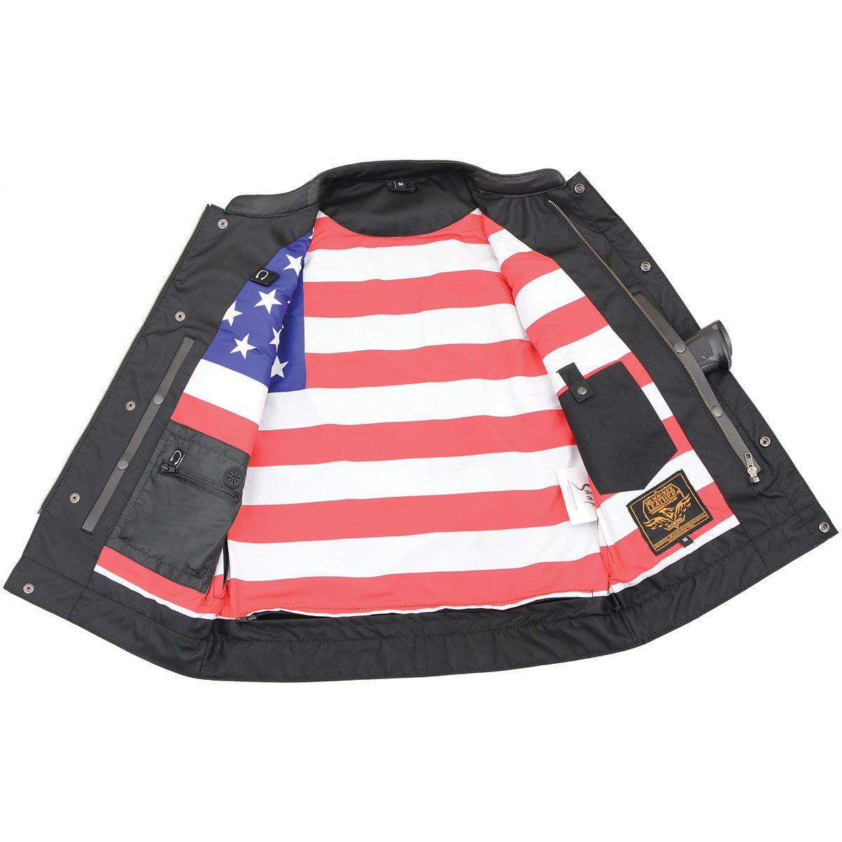 Milwaukee Leather MLM3508 Men's Black Premium Leather Vest - Old Glory Laced Armholes Black Stitching Club Style Vest