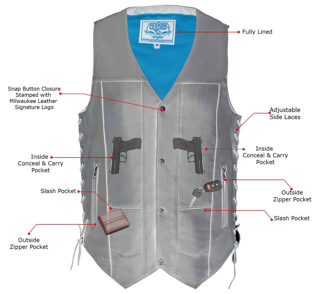 Milwaukee Leather MLM3541 Men's Roulette Black Premium Leather 10 Pocket Motorcycle Vest w/ Cool-Tec Leather Treatment