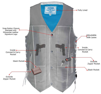 Milwaukee Leather MLM3541 Men's Roulette Black Premium Leather 10 Pocket Motorcycle Vest w/ Cool-Tec Leather Treatment