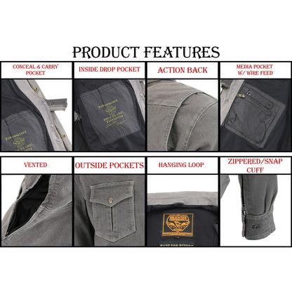 Milwaukee Leather MPM1621 Men's Grey CE Armored Long Sleeve Motorcycle Riders Shirt w/ Reinforced w/ Aramid Fibers