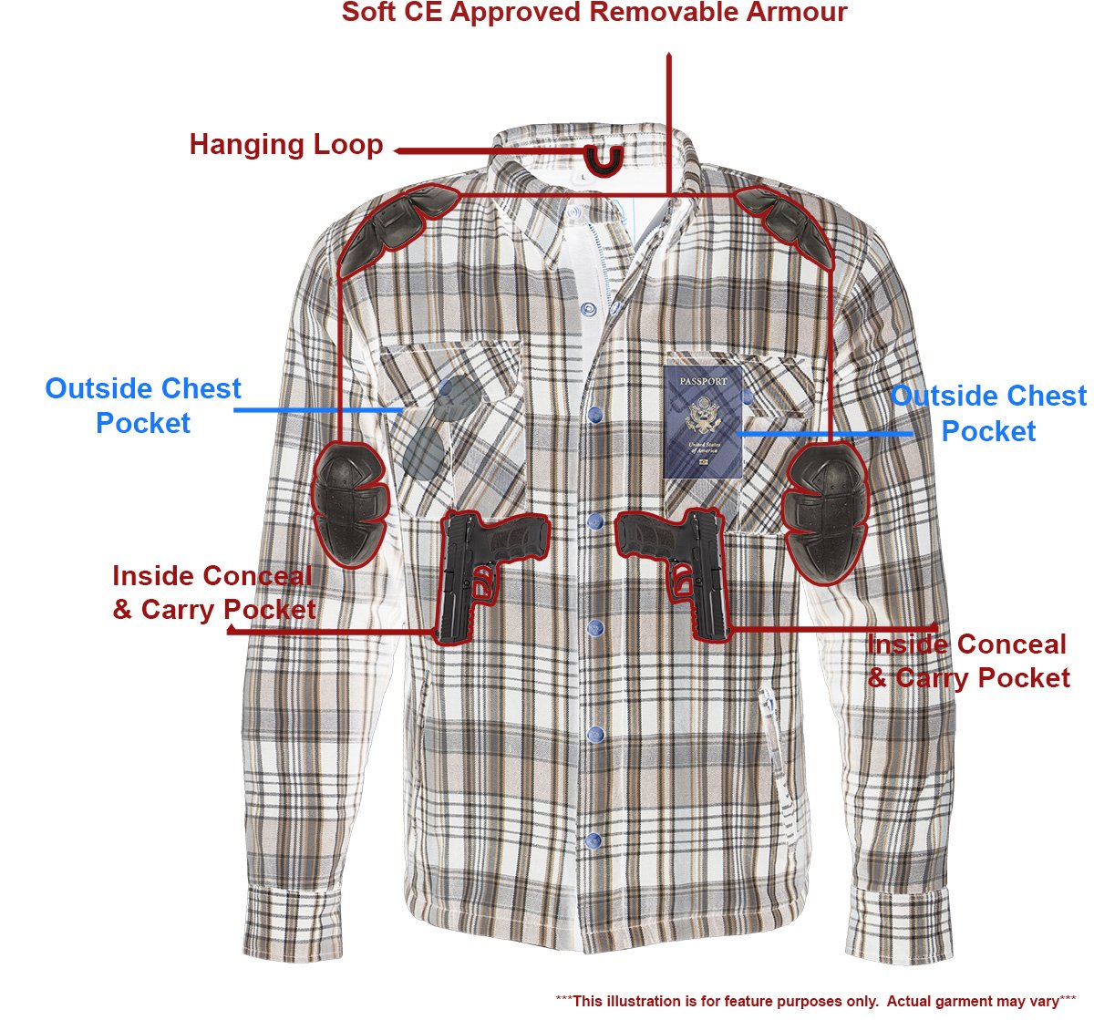 Milwaukee Leather MPM1636 Men's Long Sleeve Flannel Biker Shirt w/ CE Approved Armor - Reinforced w/ Aramid Fiber