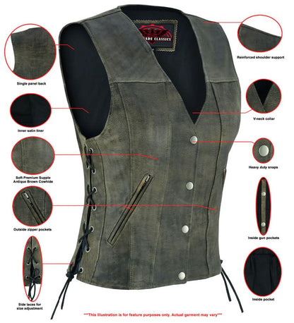 Women's Antique Brown Single Back Panel Concealed Carry Vest