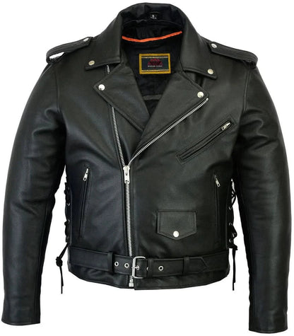 Men's Classic Side Lace Black Leather Motorcycle Jacket