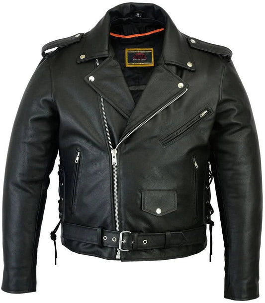 Men's Classic Side Lace Black Leather Motorcycle Jacket