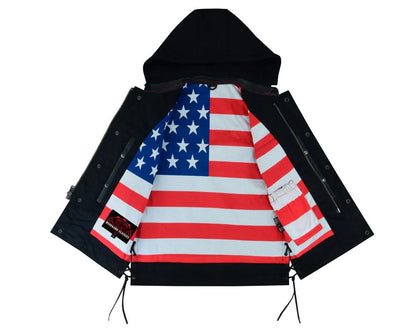 Men's Road Edge Leather Black Vest – Removable Hood
