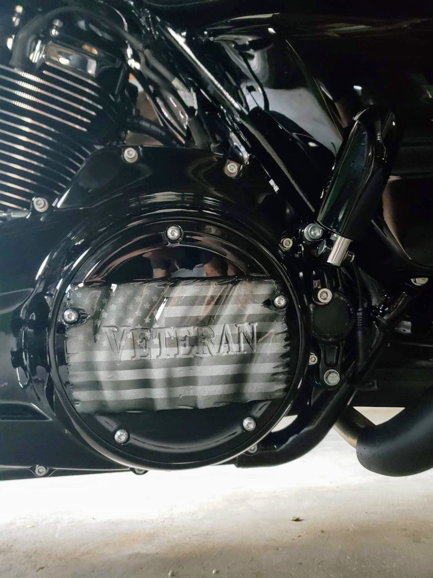 Tattered American Flag with Veteran Harley derby cover