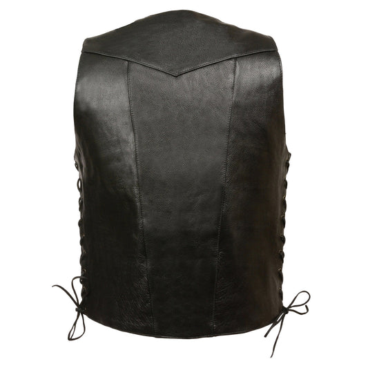 Milwaukee Leather SH1391 Men's Black Leather 10 Pocket V-Neck Side Lace Motorcycle Rider Vest w/ Front Snap Closure